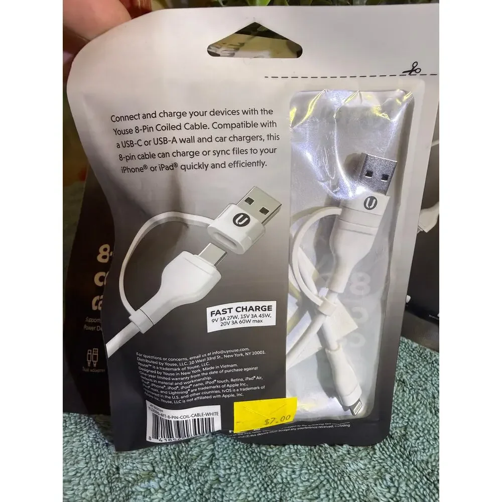 Charging Cord Lighting 8 pin coiled cable usb-c / usb-a Bundle of 5 Cords